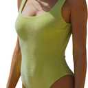 BERLOOK Women's Lurex One Piece Swimsuit Square Neck Tummy Control Backless Bathing Suits (0-2, Light Green)