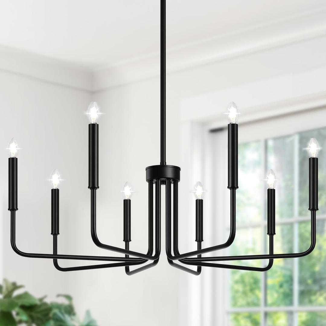 Lynnoland Black 8-Light Chandelier, Farmhouse Chandelier for Dining Room Lighting Fixtures Hanging, Vintage Candle Pendant Light Fixtures Chandelier for Bedroom, Foyer and Living Room