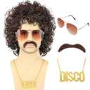 80s Short Brown Curly Wig for Men with Mustache Glasses and Chain 70s Mullet Wig with Curl for Rocker Halloween Costume Cosplay (Brown)