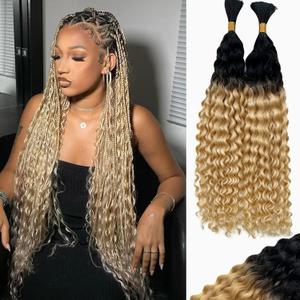 Belaved Human Braiding Hair for Boho Braids Ombre Black Mix Bleach Blonde Water Wave Bulk 100g Human Hair Extensions Brazilian Virgin Curly Knotless10A Micro 2 Bundles 24 Inch 1B613