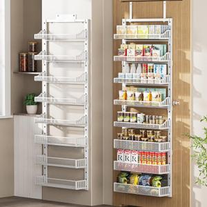 POKIPO Over the Door Pantry Organizer 8-Tier, Large Metal Door Spice Rack with Adjustable Basket, 2 in 1 Wall Mount or Hanging Heavy-Duty Pantry Door Storage Shelf for Kitchen and Bathroom, White