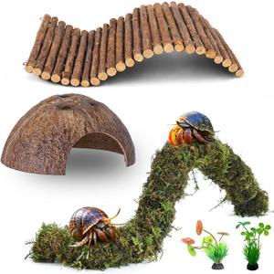 Hermit Crab Accessories, Hermit Crab Climbing Toys Bendable Bridge Coconut Shell Hideout Hut Plants for Reptile Amphibians Supplies