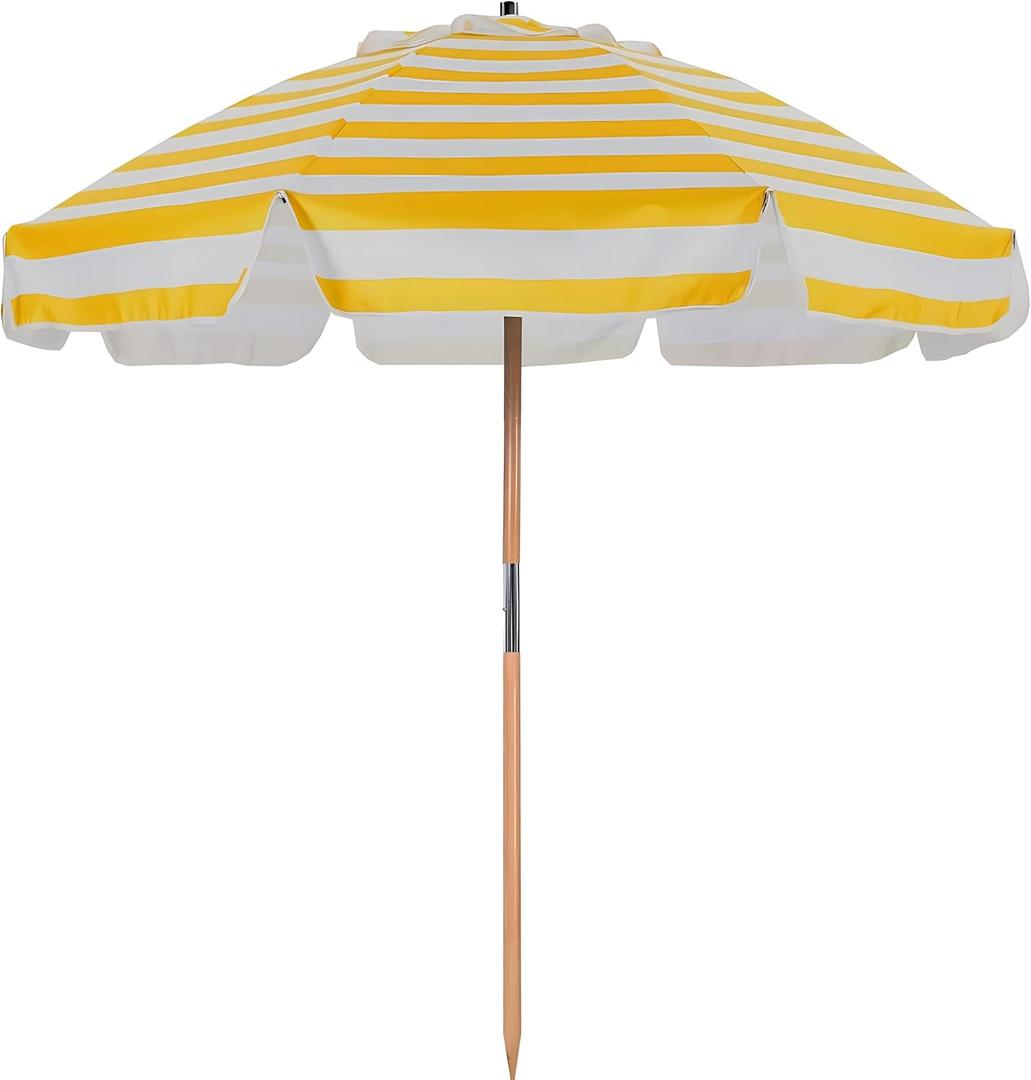 AMMSUN 7.5ft Heavy Duty HIGH Wind Beach Umbrella Commercial Grade Patio Beach Umbrella with Air Vent Ash Wood Pole & Carry Bag UPF 50+ Protection Yellow and white stripe, 230cm