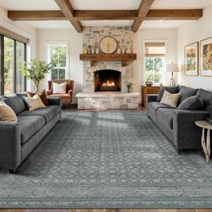 9x12 Washable Area Rug for Living Room, Extra Large Vintage Boho Rugs for Dining Room, Kids Room, Farmhouse, Durable Low Pile Non Slip Carpet for High Traffic Areas, Soft Blue