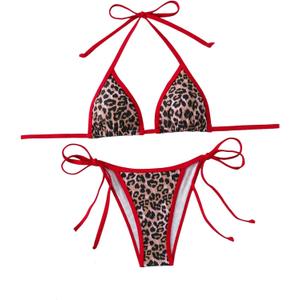 Women's 2 Piece Leopard Bikini Set Cheetah Halter String Triangle Bathing Suits Swimsuit (X-Large, Red)