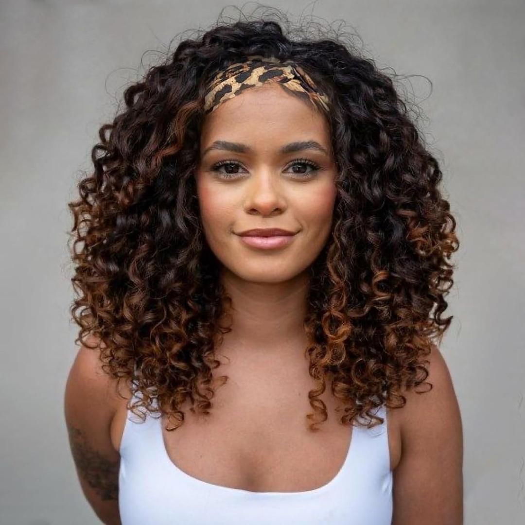 CINHOO Deep Curly Brown Headband Wigs for Black Women 12inch Short Dark Brown Base with Caramel Brown Highlights Headband Wig for Women Curly Half Wigs with Headbands Attached Daily Use