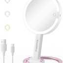 Beautifive 7" Magnifying Mirror with Light, Rechargeable Double-Sided 10X/1X Handheld Mirror with Light, Stepless Dimming Touch 3 in 1 Hand Held Mirrors for Desk Hanging, Pink Detachable Base