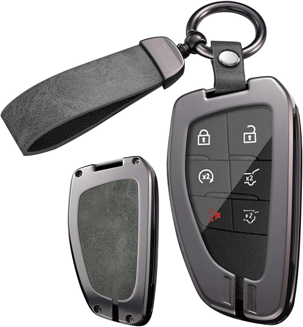 ontto Key Fob Cover Fit for Honda Prologue 2024 2025 Car Key Case Fit for Acura ZDX 2024 2025,Metal and Leather Key Protector with Clear TPU Front Case,with Keychain,Grey