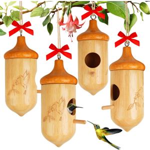 Hummingbird House, Wooden Hummingbird Houses for Outside - Handcrafted Natural Wood Birdhouse with Complete Hanging Kit (Bow & String) - Premium Gardening Gifts Decoration (Style-3, 4 Pack)