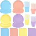 256 Pcs Pastel Party Supplies Paper Plates Cups Napkins Macaron Color Pink Cutlery Include Paper Plates Cups Napkins Pastel Mix Color Disposable Dinnerware Party Decorations for Baby Shower