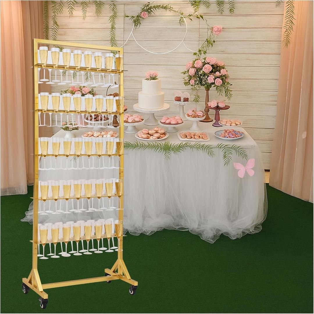 Champagne Wall Holder for Party Holder Up to 80 Cups, 5 Layer Movable Champagne Flute Holder Display, Metal Champagne Wall Stand, Drink Wall for Wedding, Bar Decor (Gold)