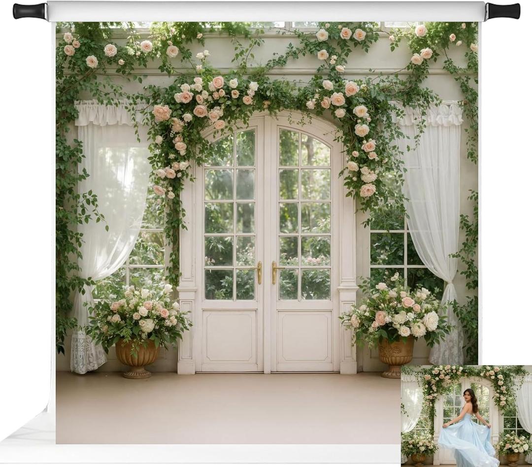Kate Spring Photography Backdrops Floral Photo Backgrounds Arch Window French Door White Curtains Backdrop, 10x10ft