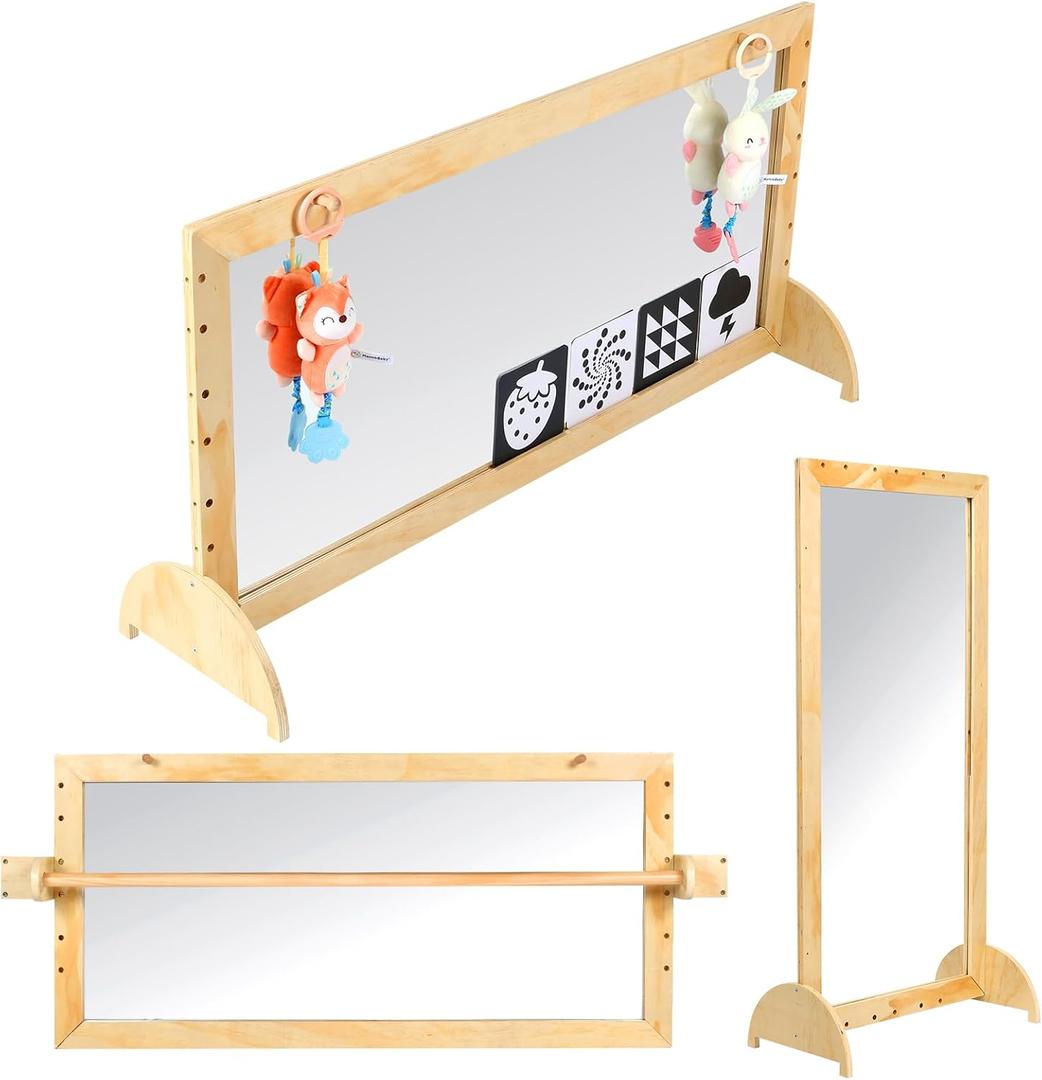 3-in-1 Montessori Mirror Baby Wall with Wooden Baby Pull Up Bar  Safe, Shatterproof & Versatile for Babys Development (Dolls not Include)