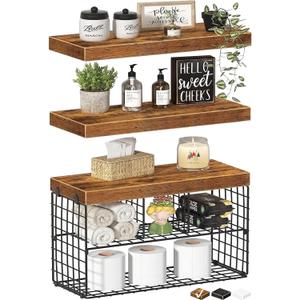 Bathroom Floating Shelves for Wall - Shelf Over Toilet Storage Small Farmhouse Decor Shelves (15.7 inch, Set of 3, Rustic Brown)