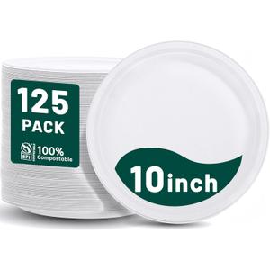DaYammi 100% Compostable Paper Plates 10 Inch, 125-Pack Heavy Duty Paper Plates Bulk,Biodegradable Bagasse,Eco-Friendly Disposable Dinner Plate for BBQ,Picnic,Party (BPI Certified,Microwaveable)