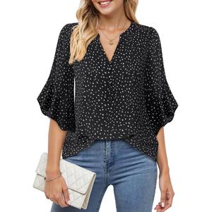 Lotusmile Womens Tops Dressy Casual: 3/4 Length Sleeve - Office Attire 2025 - Business Casual Outfits for Women Notch V Neck Lightweight Flowy Formal Work Wear Career Blouse Professional Dress Shirt (Black)