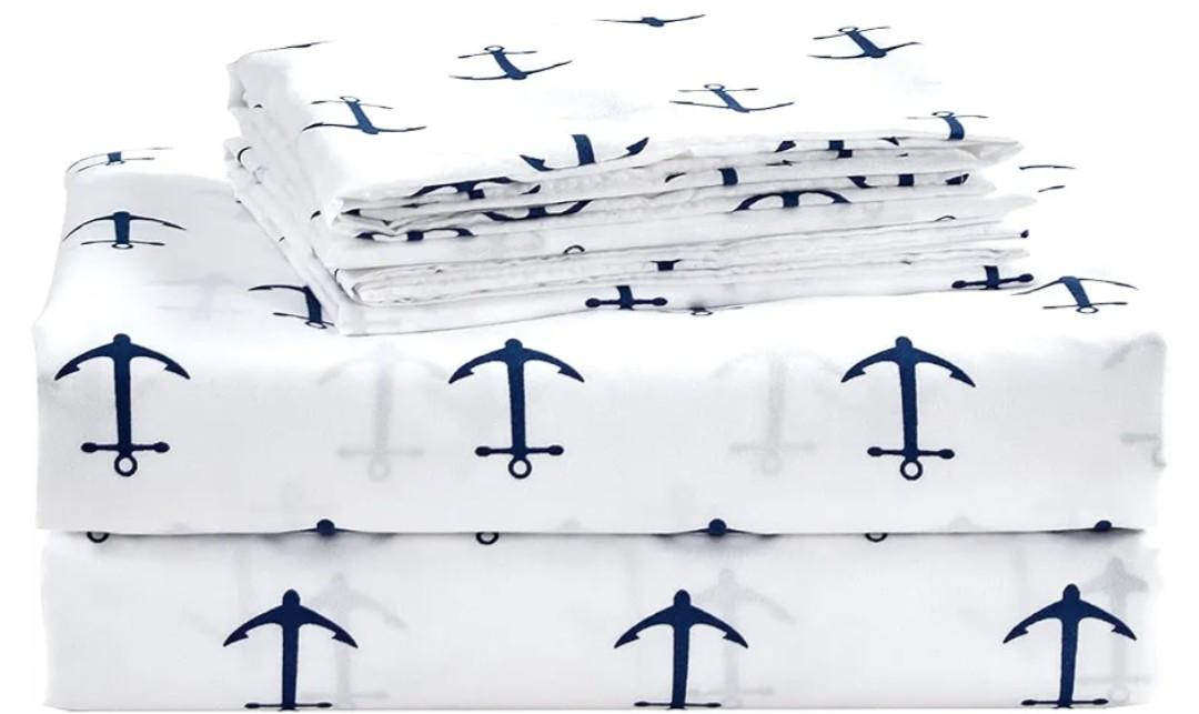 Chezmoi Collection 4-Piece Kids/Teens Nautical Sheet Set - Soft Microfiber White Navy Anchors, Queen Size