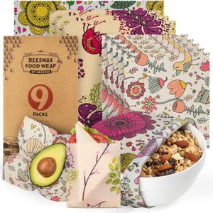 Akeeko Reusable Beeswax Food Wraps - Assorted 9 Packs, Reusable, Plastic-Free Food Storage, 5 Small, 3 Medium, 1 Large Wraps with Plants and Boho Birds Pattern