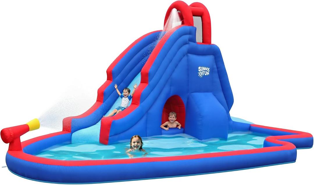 Sunny & Fun Deluxe Inflatable Water Slide Park & Splash Pool with Tunnel - Heavy-Duty for Outdoor Fun - Climbing Wall - Easy to Set Up & Inflate with Included Air Pump & Carrying Case, 17.1 x 12 x 6.9 feet