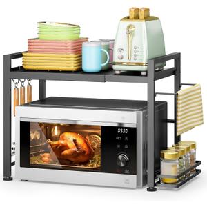 DOLALIKE Microwave Oven Rack, Expandable Microwave Stand Countertop Kitchen Utensils Tableware Storage, Carbon Steel Over Microwave Shelf Countertop with 6 Hooks (2 Tier (With Spice Rack))