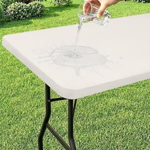 misaya Rectangle Vinyl Tablecloth, 6 Foot Elastic Fitted Table Cloth with Flannel Backing, Waterproof Wipe Clean Table Cover for Camping, Picnic, Dining, Buffet Parties (Beige, 30" x 72")