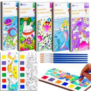JUNQIU 5Pack Water Color Paint Sets for Kids, Paint With Water Books for Kids Ages 4-8, Pocket Watercolor Painting Book, Arts and Crafts Kit Easter Basket Stuffers For Girls Boys, 0.75 Liters