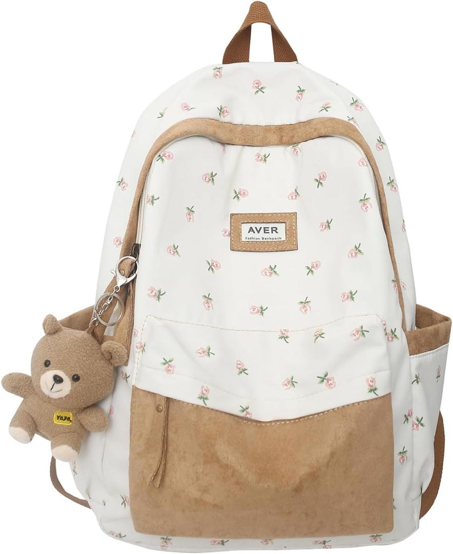 2026 Cute Preppy Bag Floral Printed Kawaii Backpack Cottagecore Aesthetic Backpack Laptop Daypack (Brown)