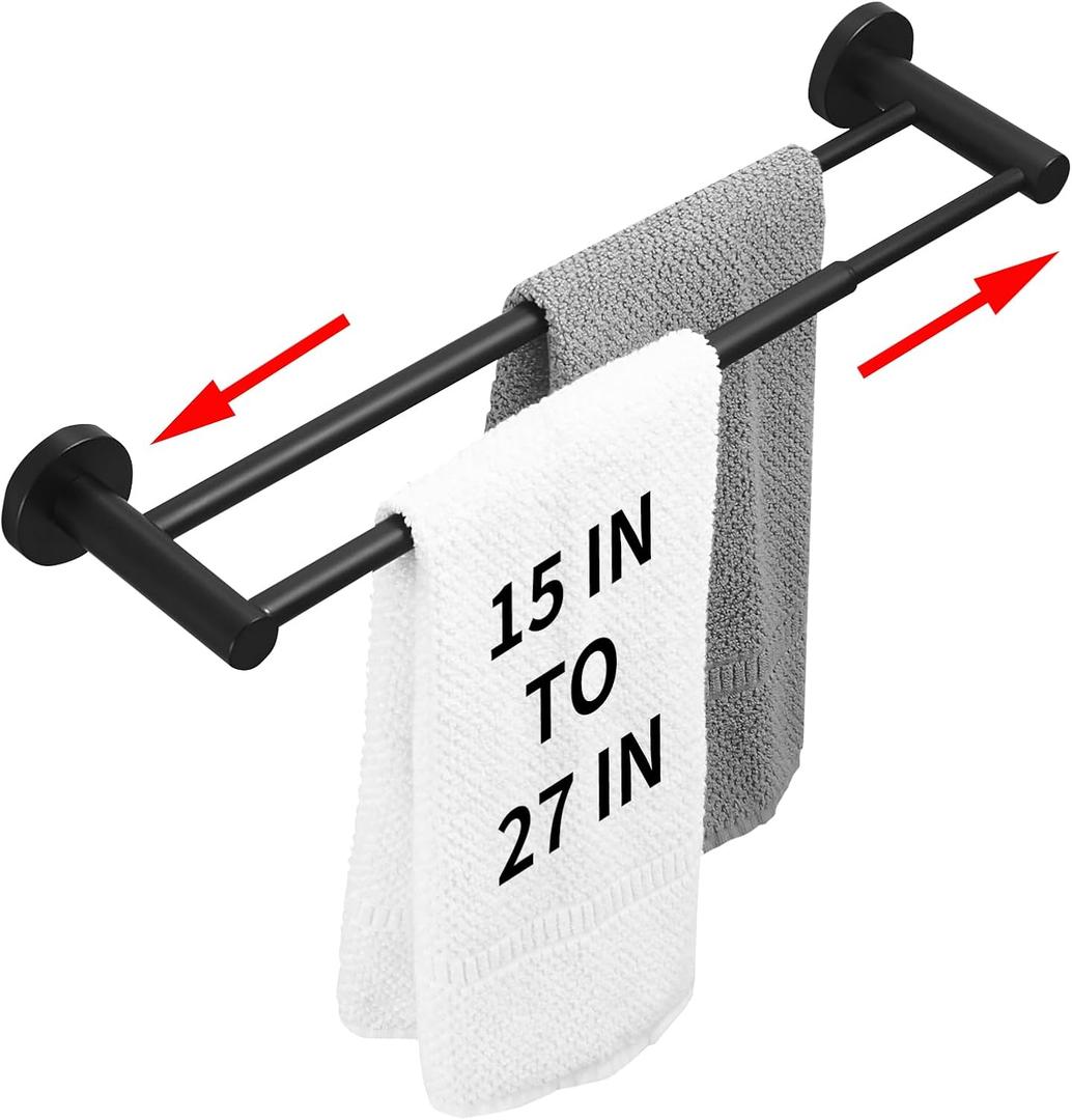 RUMOSE Adjustable Double Bath Towel Bar 15 to 27 Inch Matte Black Retractable Tower Holder Hanger Stainless Steel Expandable Dual Bathroom Tower Racks Bathroom Accessories, Wall Mounted