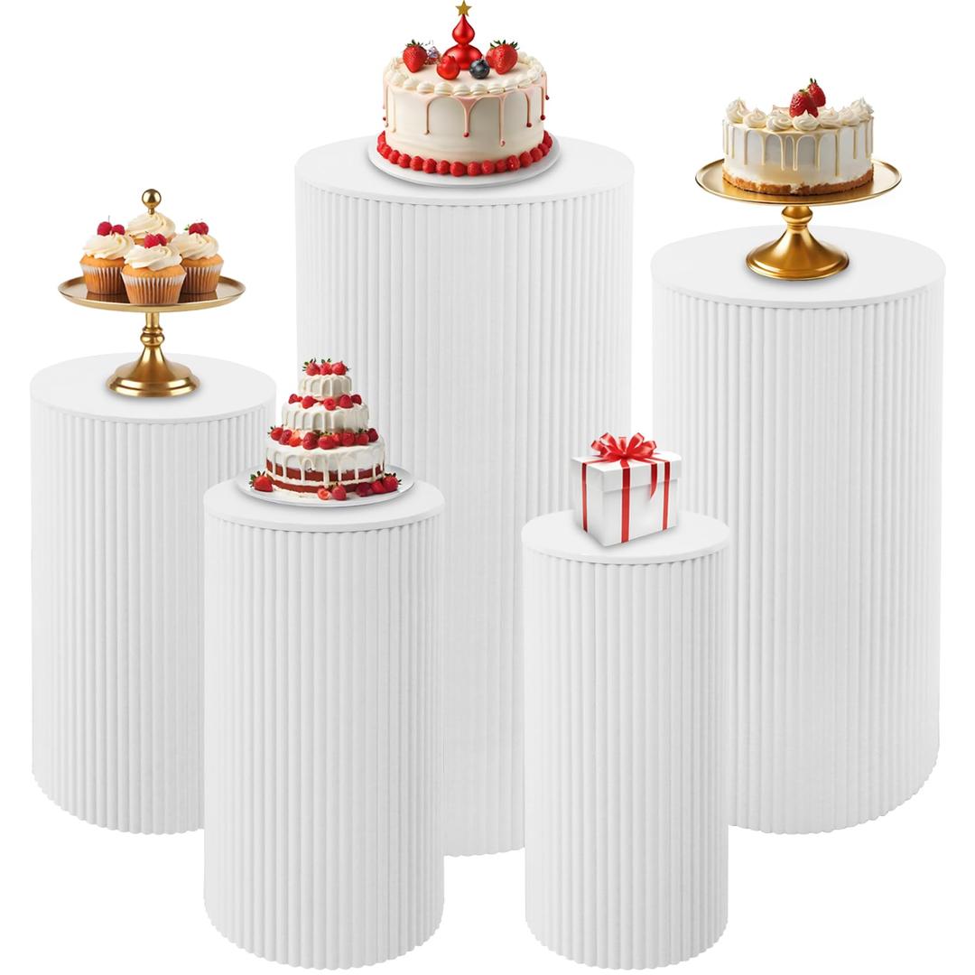 Fivenl 5 Pcs Metal Pleated Cylinder Pedestal Stands for Party, Heavy Duty White Round Cake Pedestal Stand Flower Plant Display Plinth Pillars for Wedding Birthday Event Decor, 1 piece 35.63” H x 15.75” D, 1 piece 29.72” H x 14.17” D, 1 piece 23.82” H x 12.6” D, 1 piece 21.85” H x 11.02” D, and 1 piece 19.88” H x 9.45” D