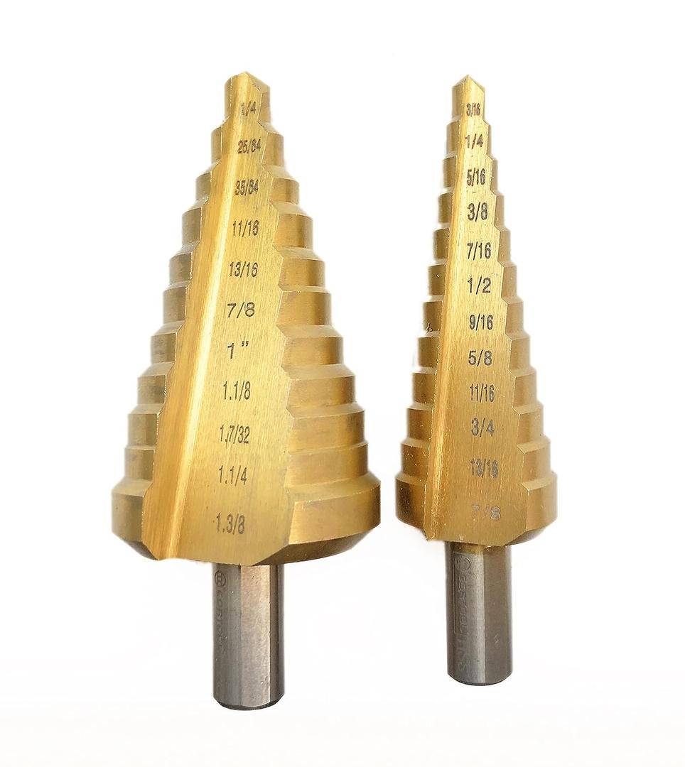 Step Drill Bit for Metal, Titanium High Speed Steel Step Drill Bit Set, Unibit Step Drill, Heavy Duty Step Bit, HSS Drill Bit Set Total 23 Sizes 1/4"-1-3/8", 3/16"-7/8"