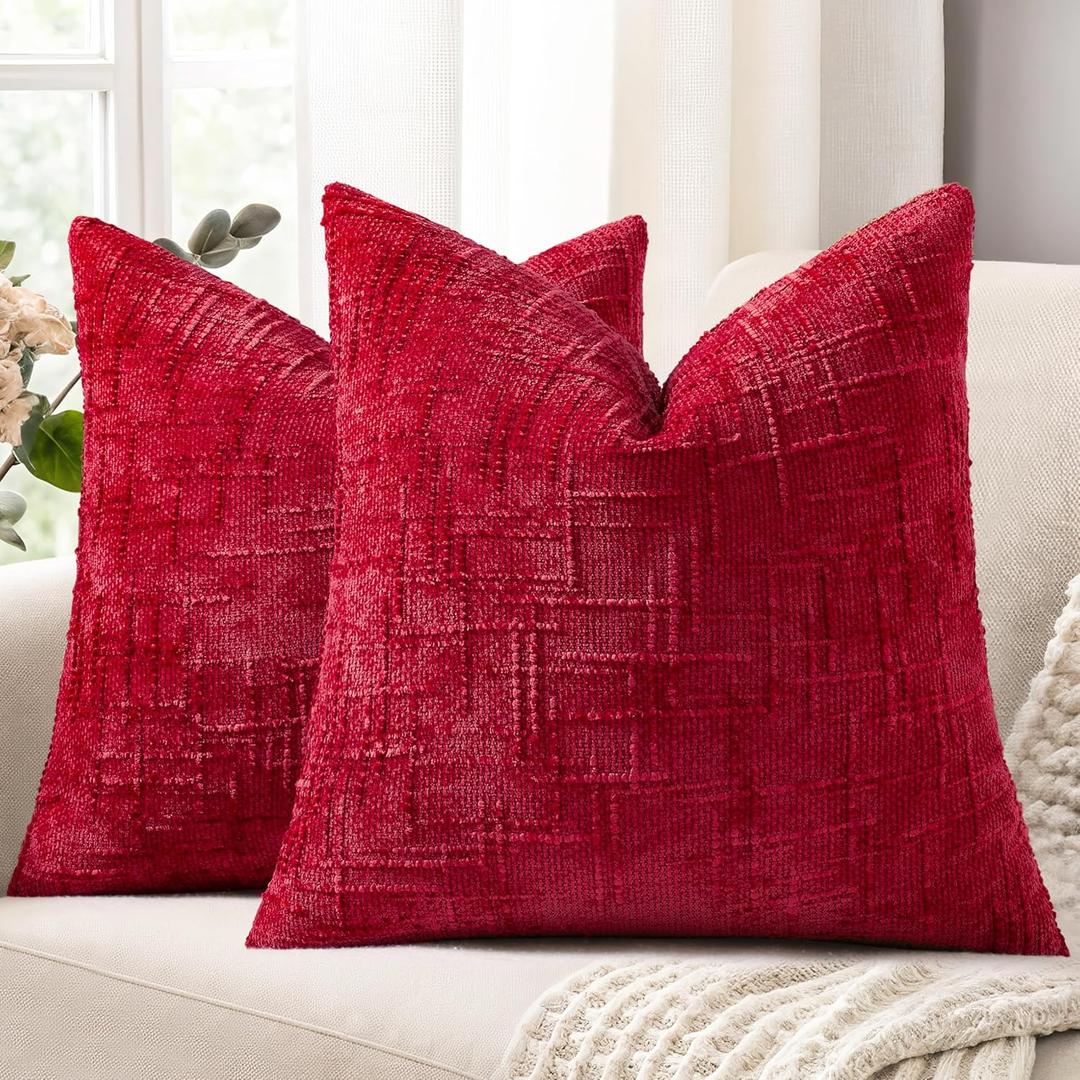 decorUhome Spring Red Chenille Throw Pillow Covers 20x20 Set of 2 Textured Soft Cozy Slubby Couch Pillow Covers Modern Farmhouse Boho Decorative Pillow Cases for Bed Sofa Living Room