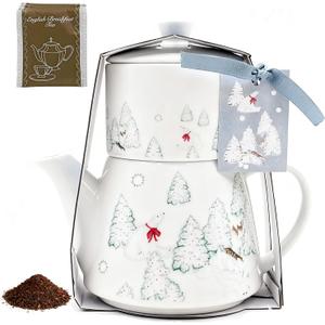 Porcelain Teapot Set Ceramic Tea Pot with English Breakfast Tea, 17OZ Christmas Tree Tea Kettle with Mug as Birthday & Valentine's Day Gifts Used for Home & Kitchen Decor (Black Tea)