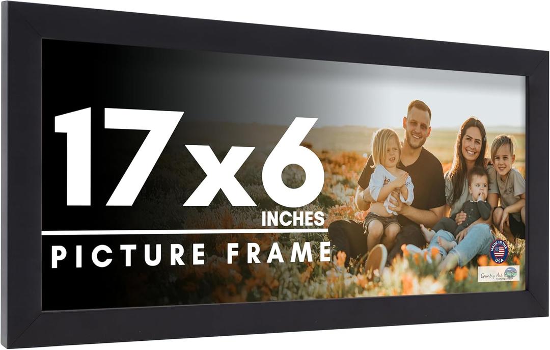 17x6 Frame Black Picture Frame - Complete Modern Photo Frame Includes UV Acrylic Shatter Guard Front, Acid Free Foam Backing Board, Hanging Hardware Wood Wall Frames for Family Photos - No Mat