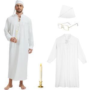 4Pcs Funny Men Pajama Set with Mens Nightgown, Pajama Hat, Vintage Glasses and Candle for Halloween Christmas   (X-Large, Beige)