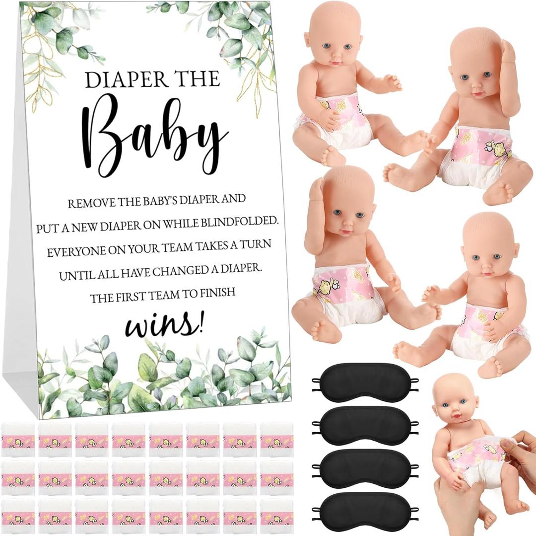33 Pcs Baby Shower Diaper Changing Game Supplies Including Dolls Blindfold Diapers Wooden Sign for Changing Race Gender Reveal Party Favors (Greenery)