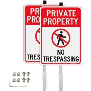 T&R Large No Trespassing Sign Private Property Sign with 54" Stake for Outside - 2 Pack - 14"x10" .040 Rust Free Aluminum, Reflective, Waterproof, Weatherproof and Fade Resistant, 6 pre-drilled holes,Includes Matching Screws & Wrench, Easy to Mount
