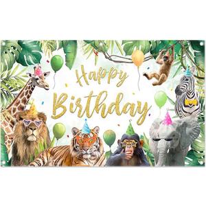 Fabric 96x60inch Jungle Animals Photography Backdrop Happy Birthday Safari Tropical Forest Zoo Background Kids Party Decoration Wildlife Photo Banner Booth