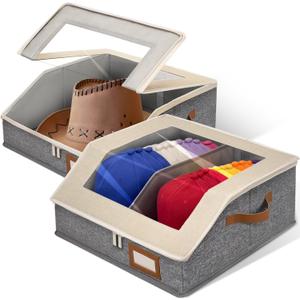 2-in-1 Hat Organizer for Baseball Caps Holds 48-60 Caps Hat Storage with Adjustable Divider Stackable Hats Holder for Closet with Clear lid Cowboy Hat Box for Men Women 2 PCS Beige and Grey (White)