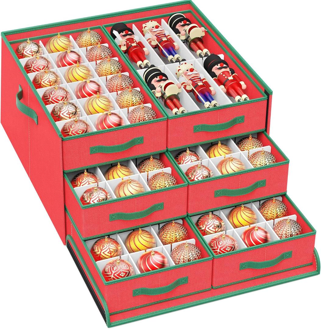 Coonoor 4"-108 Count Christmas Ornaments Storage Box, 16Nutcracker & Figurine Box, Adjustable Holiday Ornament Organizer with 6 Separate Trays (Red)