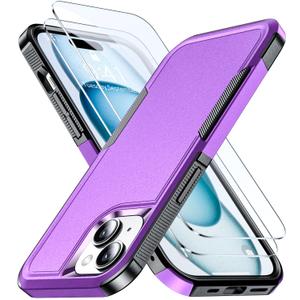 AEDILYS® for Apple Recommend Shockproof iPhone 15 Case,[15 FT Military Grade Drop Protection],with 2X [Kevlar® 9H Glass Screen Protector] (Purple)