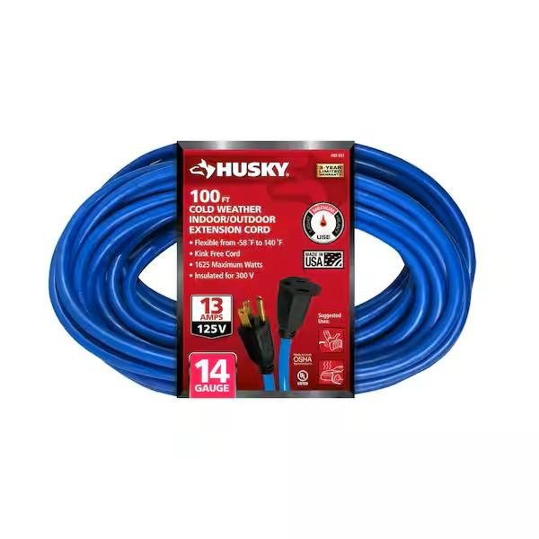 Husky 14 Gauge Cold Weather Indoor-Outdoor Extension Cord, 100 ft, Blue