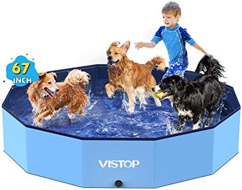 VISTOP Extra Large Foldable Dog Pool XXL, Hard Plastic Shell Portable Swimming Pool for Dogs Cats and Kids Pet Puppy Bathing Tub Collapsible Kiddie Pool (67inch.D x 11.8inch.H, Blue)