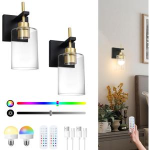 Battery Operated Wall Sconce Set of 2, Black and Gold Sconce Lighting with Clear Glass Lampshade, Rechargeable Battery Powered Wall Light with Remote Control for Bedside Bedroom Doorway