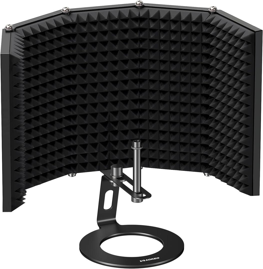 Aokeo Microphone Isolation Shield, Foldable Mic Shield with Triple Sound Insulation, Reflection Filter with 3/8" and 5/8" Mic Threaded Mount for Recording Studio, Podcasts, Singing, and Broadcasting