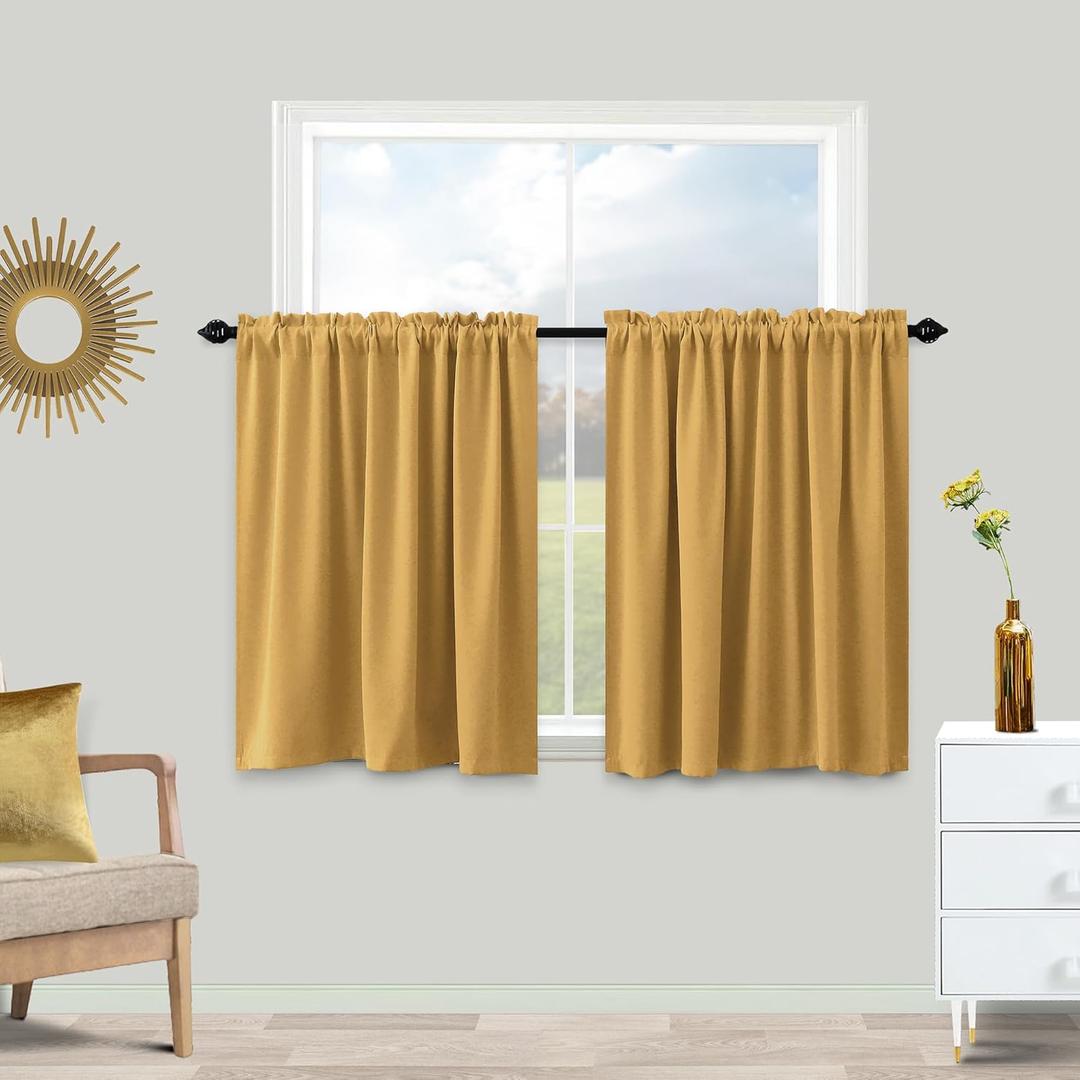 KOUFALL 24 Inch Small Curtains for Kitchen Gold Short Blackout Mini Curtains for Bedroom Bathroom 2 Panels,34x24 in Long (Sun Light Gold)