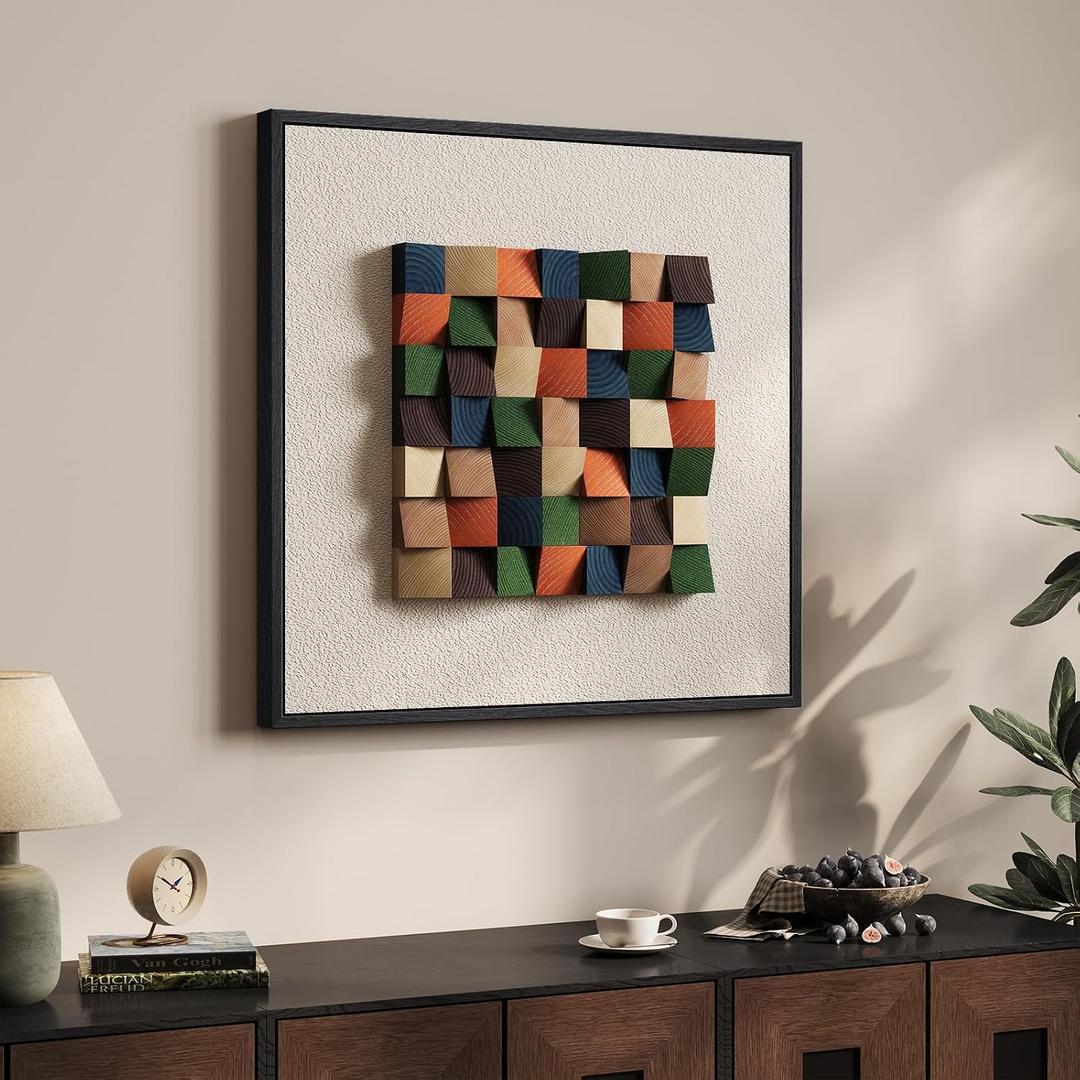 Framed 3D Textured Wood Abstract Wall Art for Living Room, Boho Colorful Geometric Beige Painting Artwork for Walls, Modern Minimalist Wall Decor, Hallway, Bedroom, Kitchen, Office 24"L x 24"W, Colorful