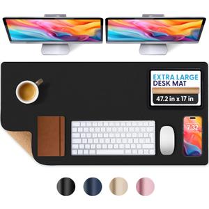 Desk Protector Mat - Dual Sided Cork and Leather Desk Pad, Non-Slip, Waterproof Large Desk Mat - Desk Protector Mat for Office and Home (47.2'' x 17", Black)