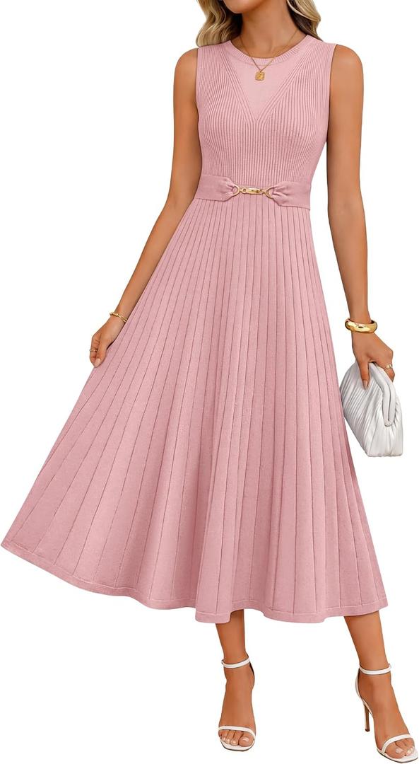 ZESICA Womens Spring Sleeveless Midi Sweater Dress 2026 Summer Casual Pleated A Line Flowy Knit Long Dresses with Belt (Pink, M)