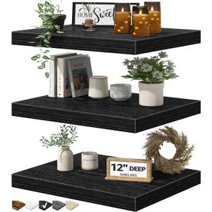 QEEIG 12" Deep Floating Shelves for Wall - 12 x 16 inch Book Shelf Bathroom Bedroom Kitchen Living Room Hanging Bookshelf Farmhouse Set of 3, Black (026-40B3)