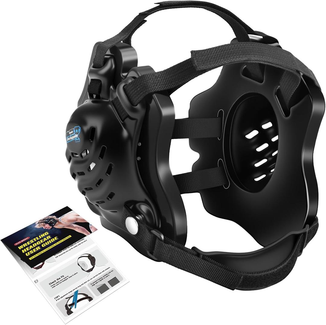 Wrestling Headgear, Head Gear for Men and Youth with Chin Cup, Dual-Layer Ear Guard for MMA, BJJ (for Users Age 10+) (Black Headgear & Black Strap)